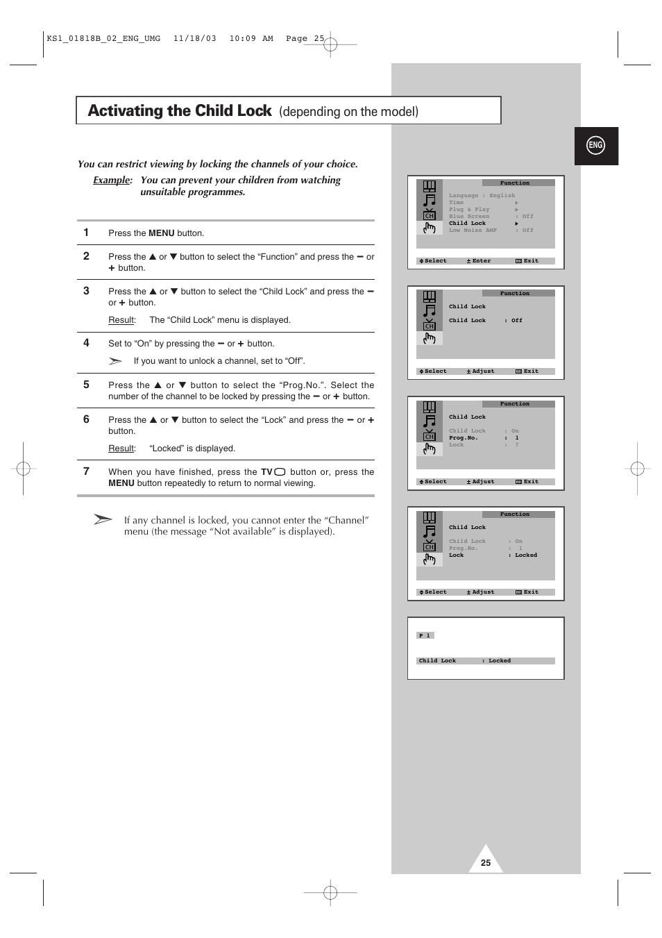 Activating the child lock, Depending on the model) | Samsung 21K10 User Manual | Page 25 / 32
