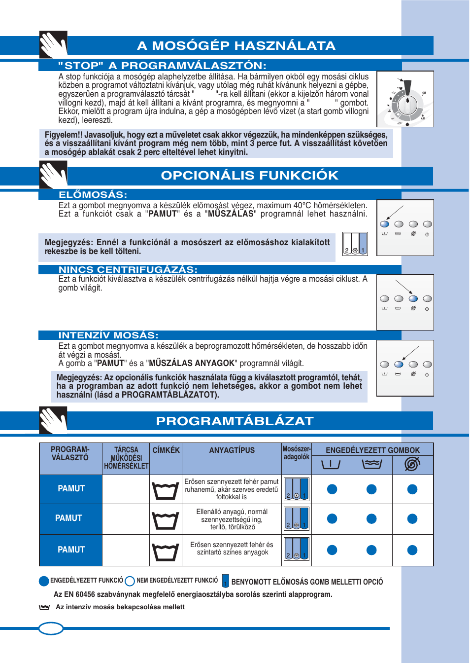 A mosógép használata opcionális funkciók, Programtáblázat, Stop" a programválasztón | Ardo FLS80E User Manual | Page 22 / 40