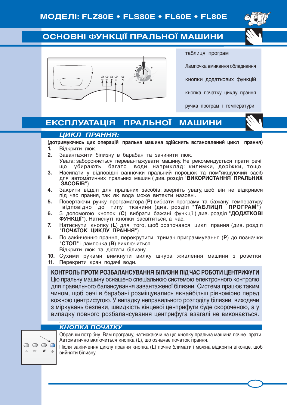 Експлуатація пральної машини, Моделі, Основні функції пральної машини | Pb c l, Цикл прання, Кнопка початку | Ardo FLS80E User Manual | Page 33 / 40