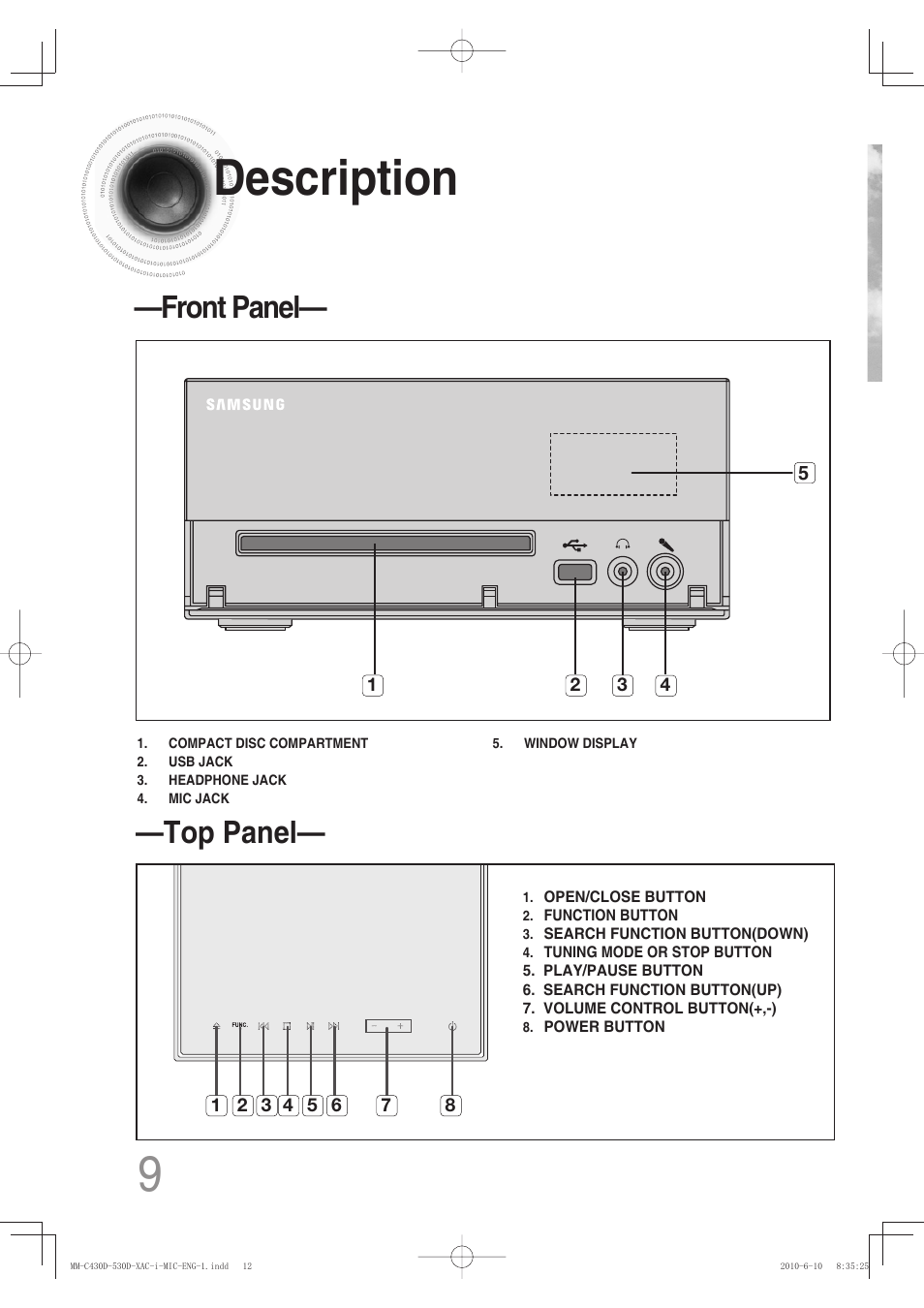 Description, 9description, Front panel— —top panel | Samsung MM-C430D User Manual | Page 11 / 68