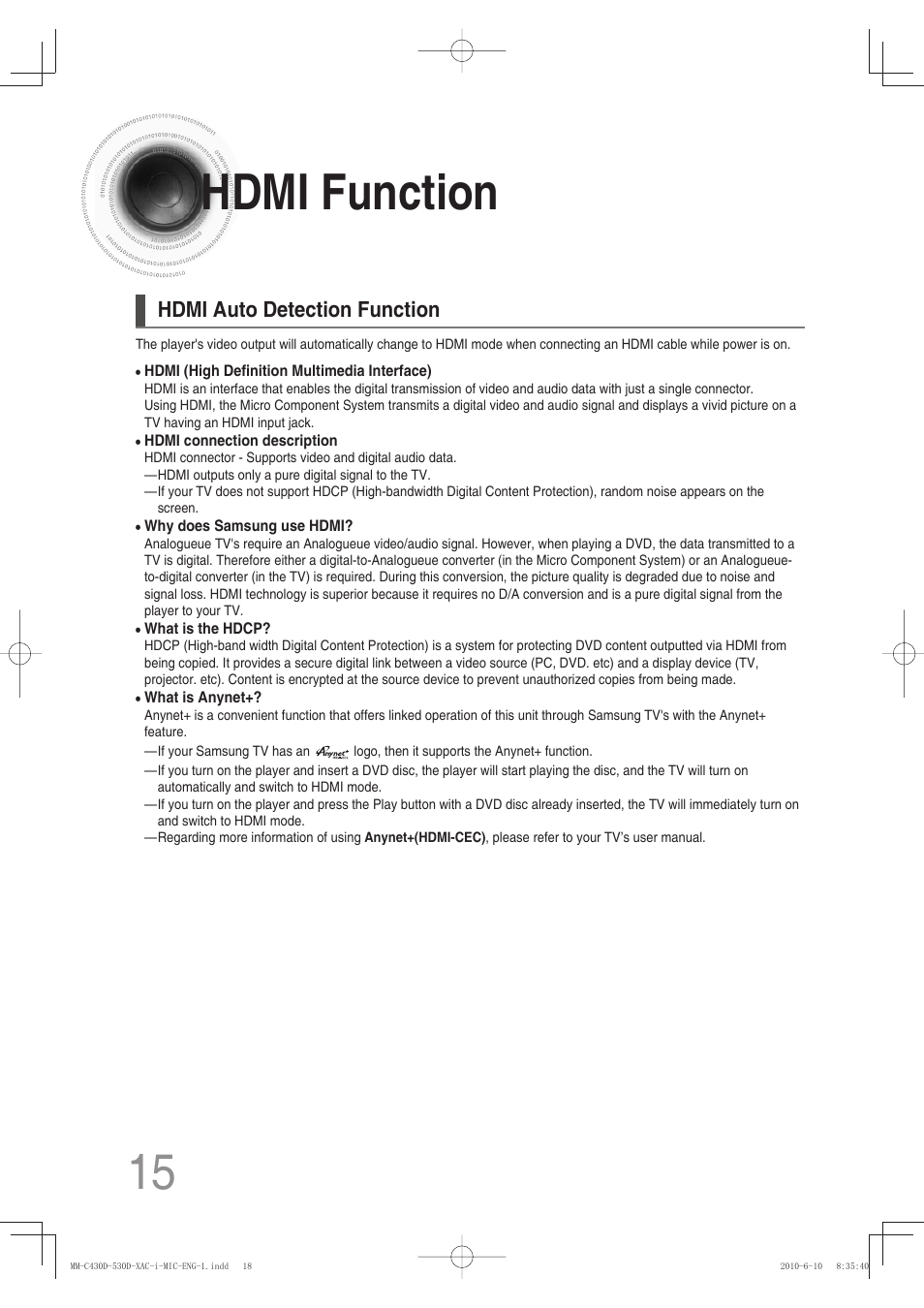 Hdmi function, Hdmi auto detection function | Samsung MM-C430D User Manual | Page 17 / 68