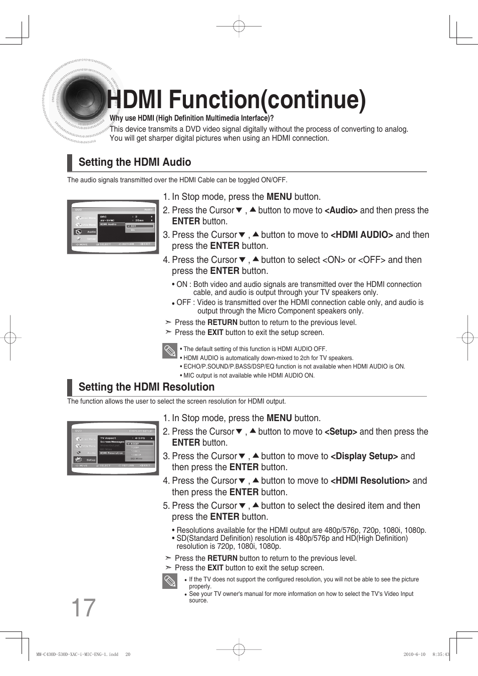 Hdmi function(continue), 17 hdmi function(continue), Setting the hdmi audio setting the hdmi resolution | Samsung MM-C430D User Manual | Page 19 / 68