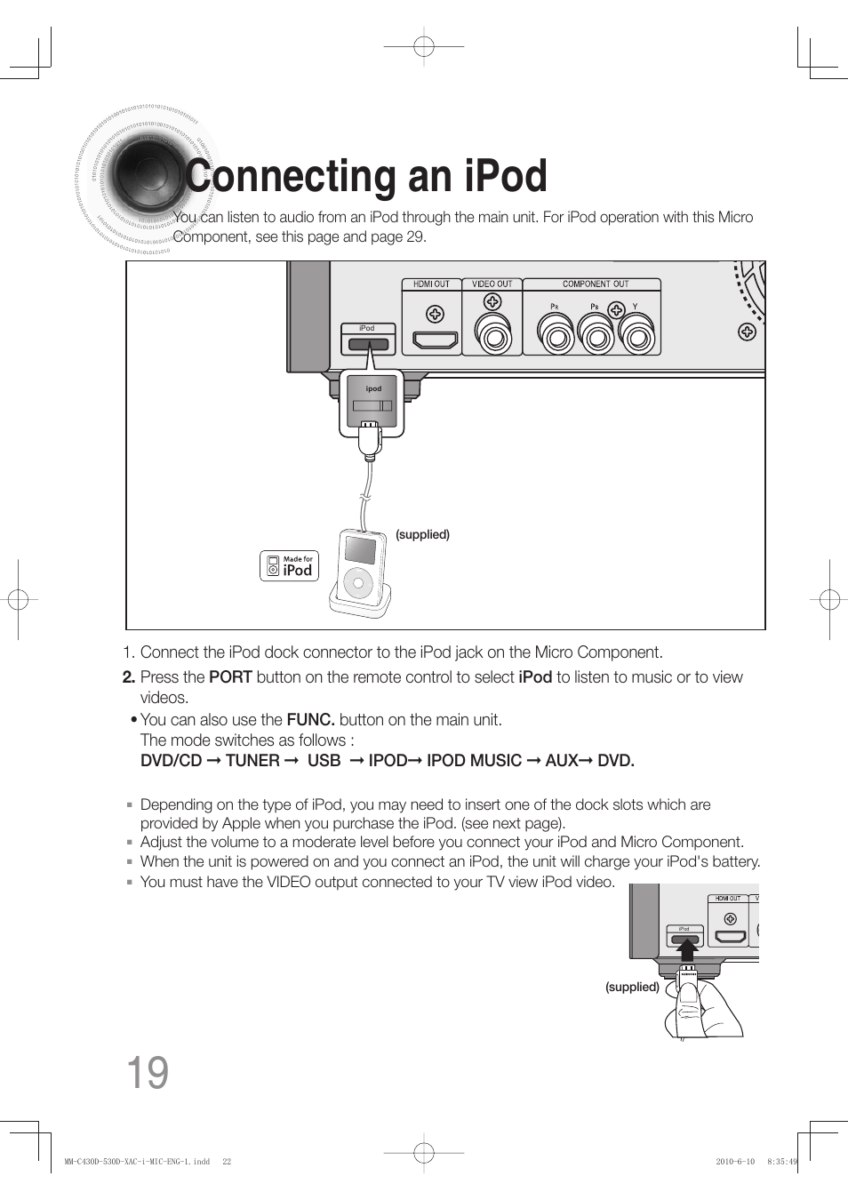 Connecting an ipod | Samsung MM-C430D User Manual | Page 21 / 68