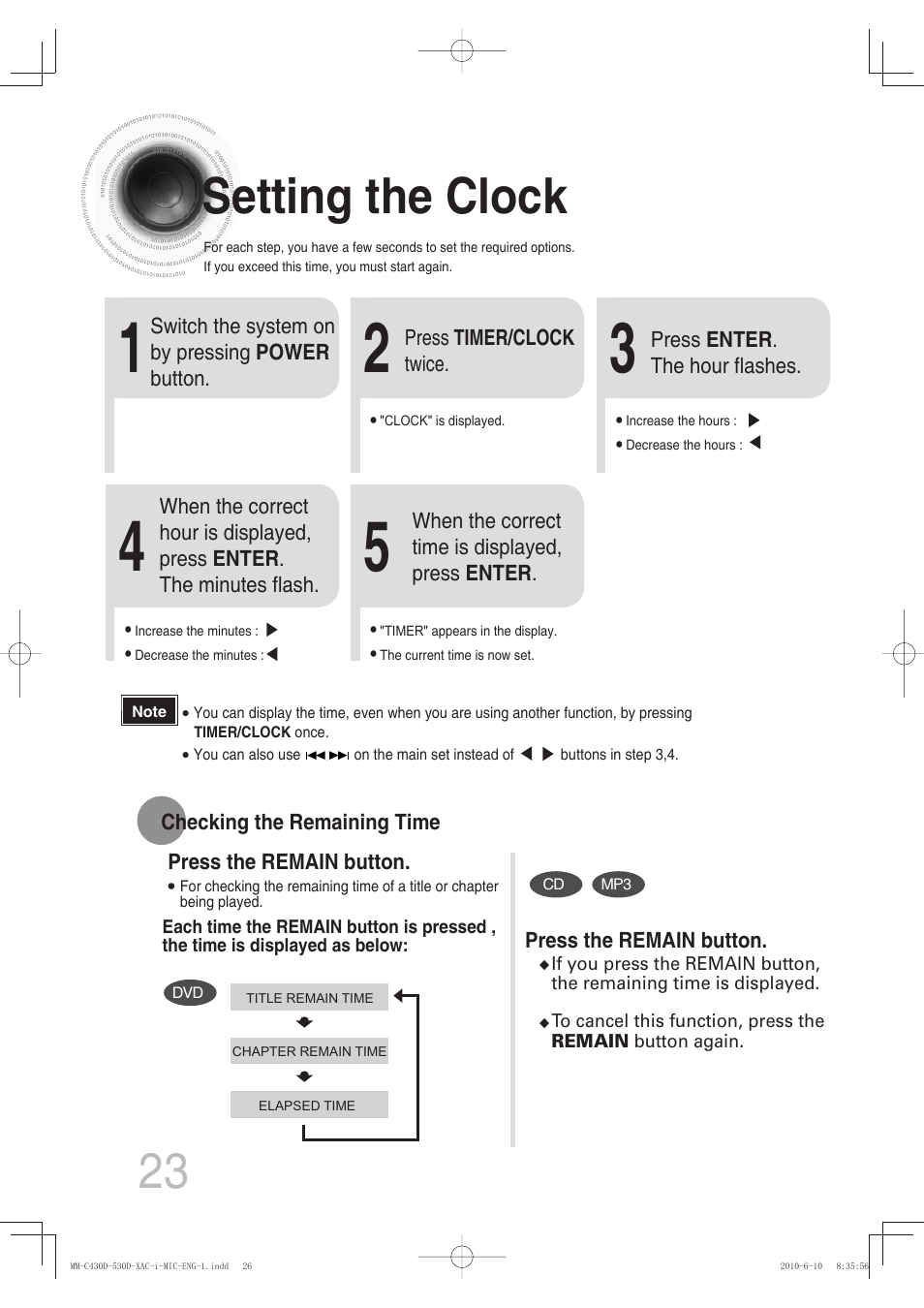 Operation, Setting the clock, 23 setting the clock | Samsung MM-C430D User Manual | Page 25 / 68