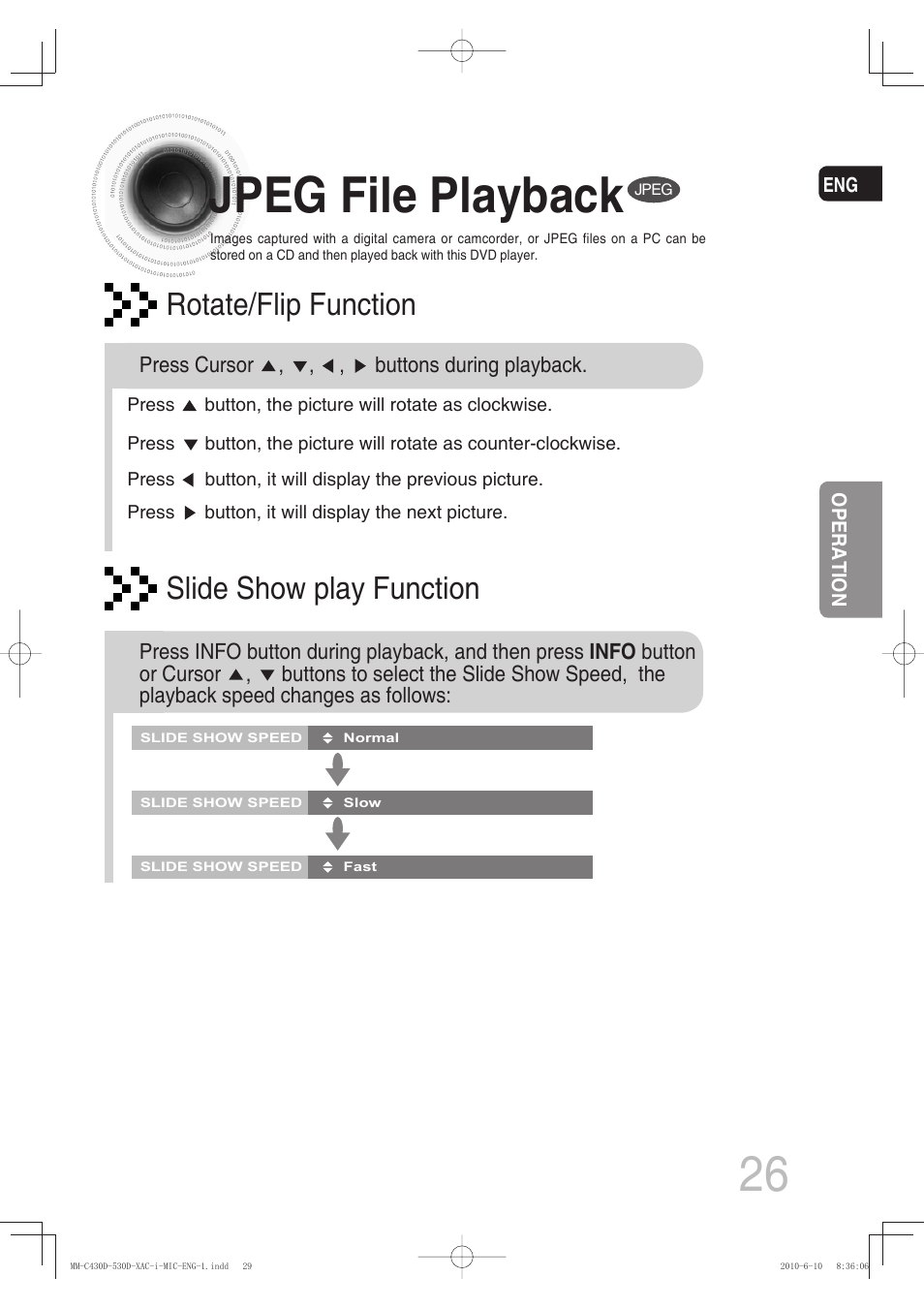 Jpeg file playback, Rotate/flip function slide show play function | Samsung MM-C430D User Manual | Page 28 / 68