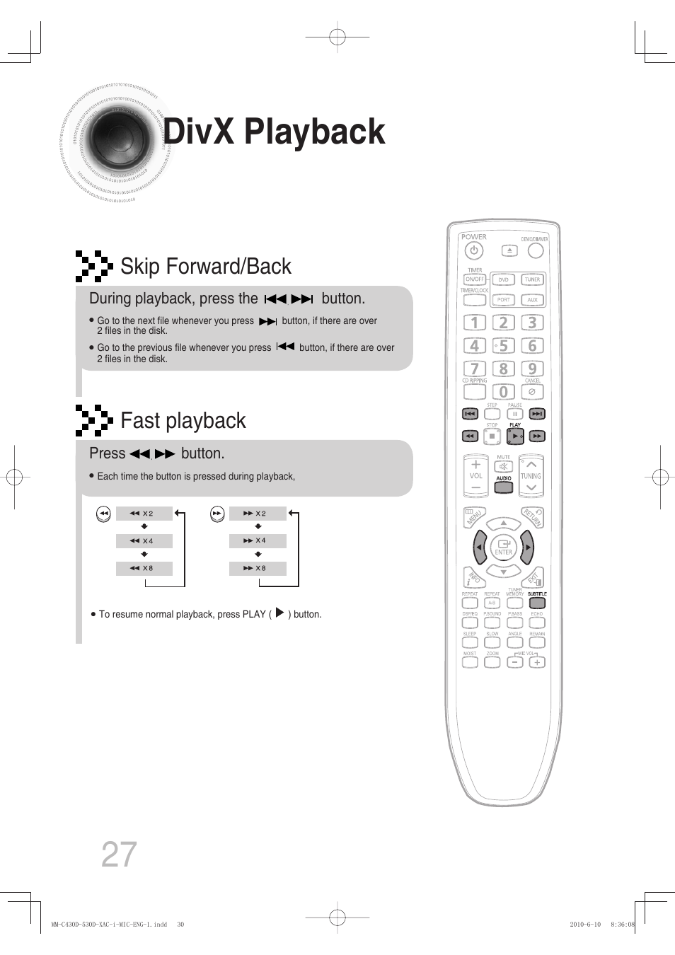 Divx playback, Fast playback, Skip forward/back | Samsung MM-C430D User Manual | Page 29 / 68