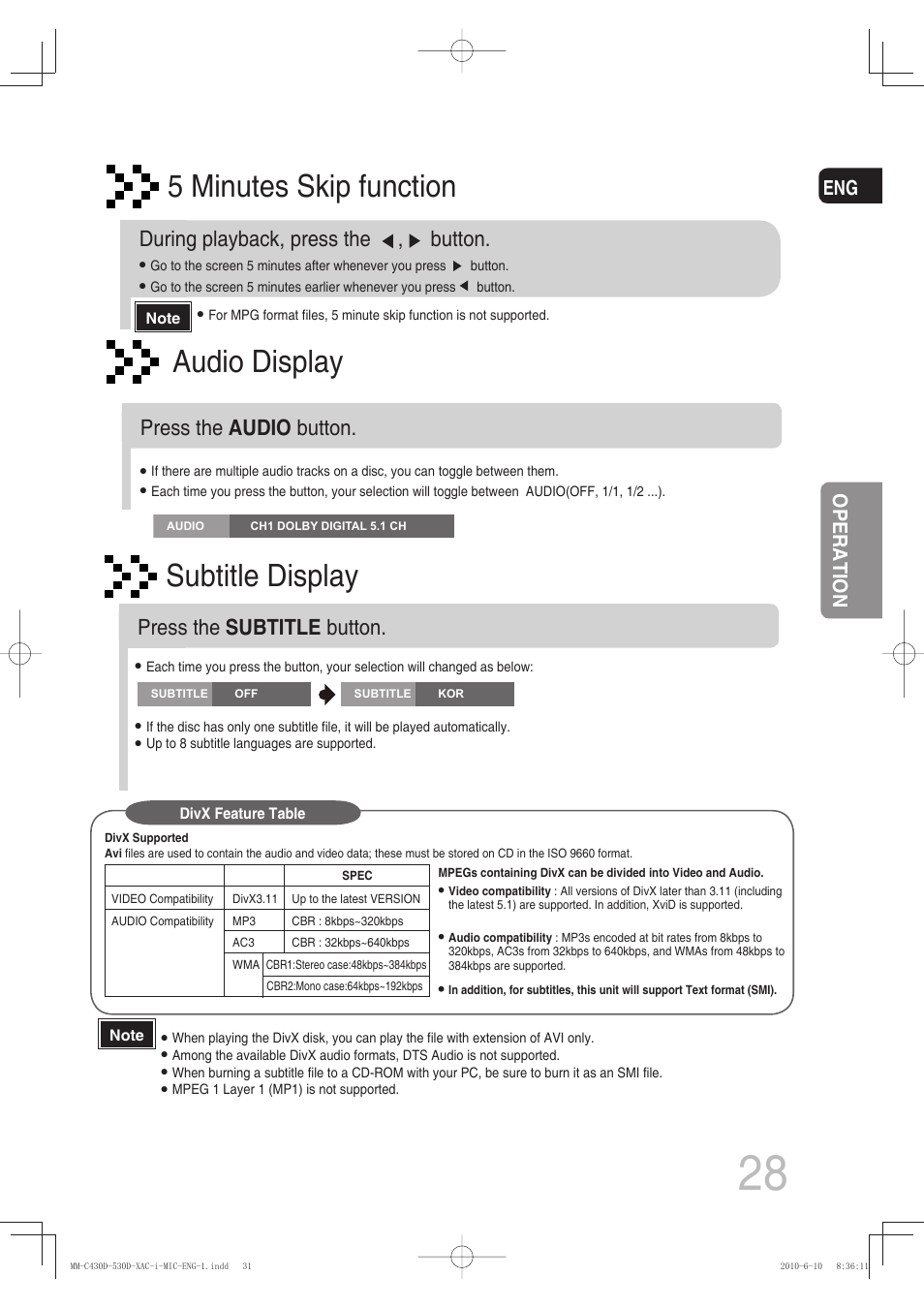 5 minutes skip function, Subtitle display, Audio display | During playback, press the , button, Press the subtitle button, Press the audio button, Operation | Samsung MM-C430D User Manual | Page 30 / 68