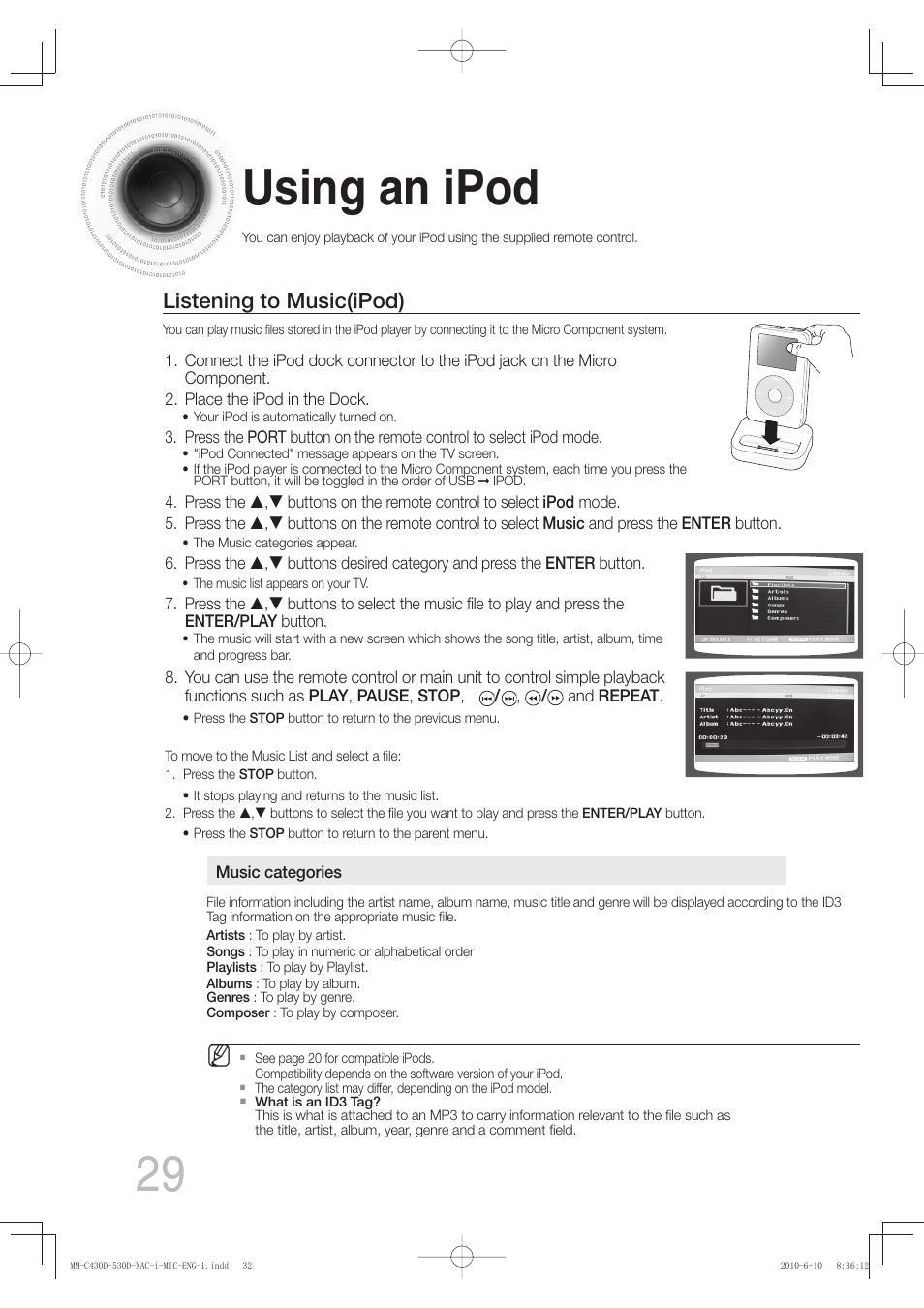 Using an ipod, Listening to music(ipod) | Samsung MM-C430D User Manual | Page 31 / 68