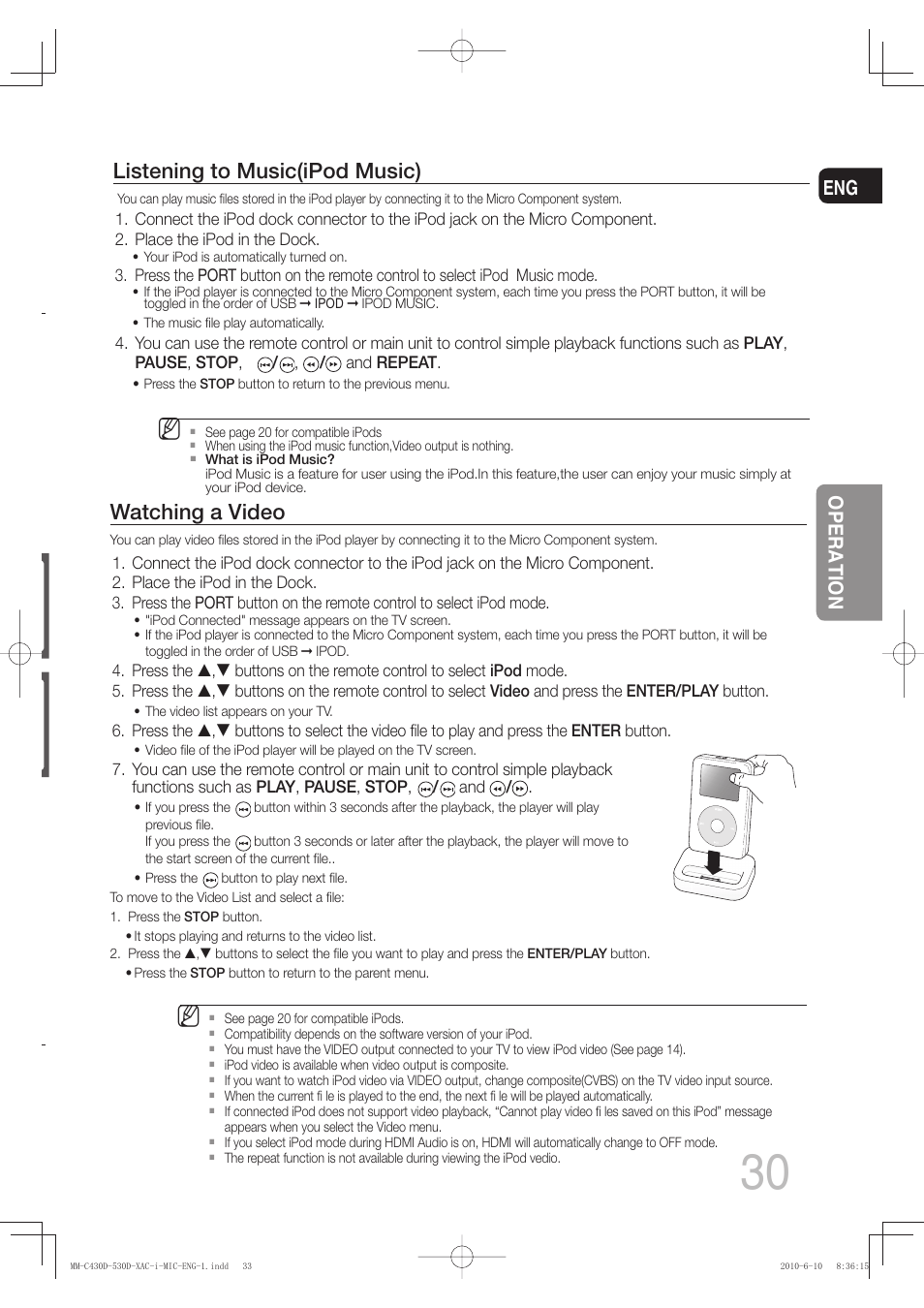 Watching a video, Listening to music(ipod music), Operation | Samsung MM-C430D User Manual | Page 32 / 68