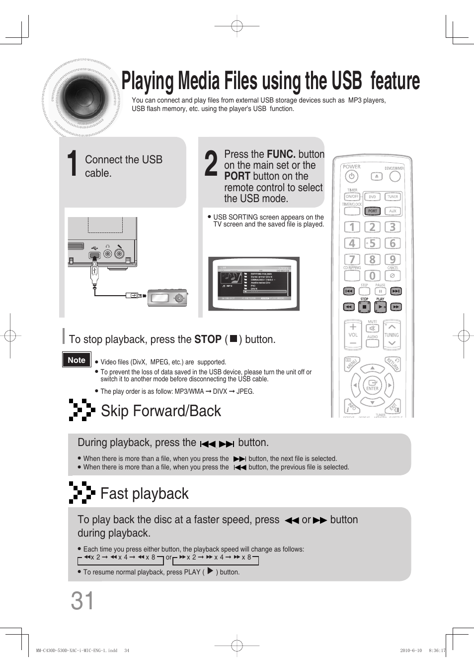 Playing media files using the usb feature, 31 playing media files using the usb feature, Fast playback skip forward/back | Samsung MM-C430D User Manual | Page 33 / 68