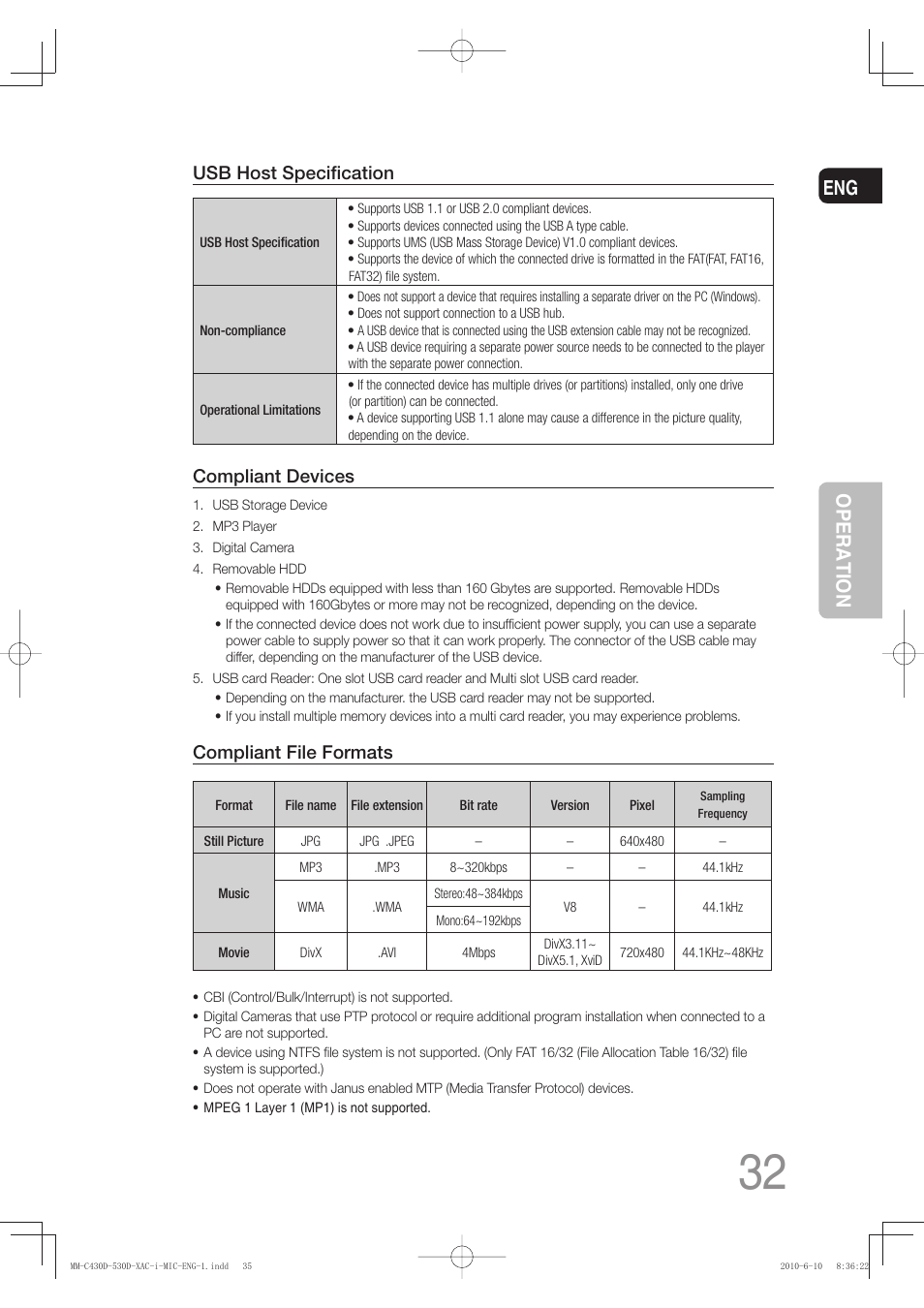 Eng operation, Usb host specifi cation, Compliant devices | Compliant file formats | Samsung MM-C430D User Manual | Page 34 / 68