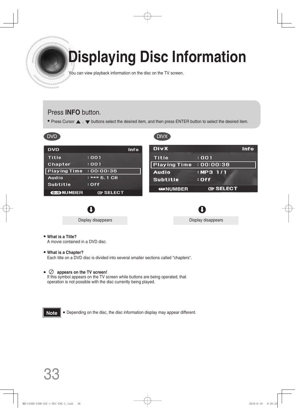 Displaying disc information, 33 displaying disc information, Press info button | Samsung MM-C430D User Manual | Page 35 / 68