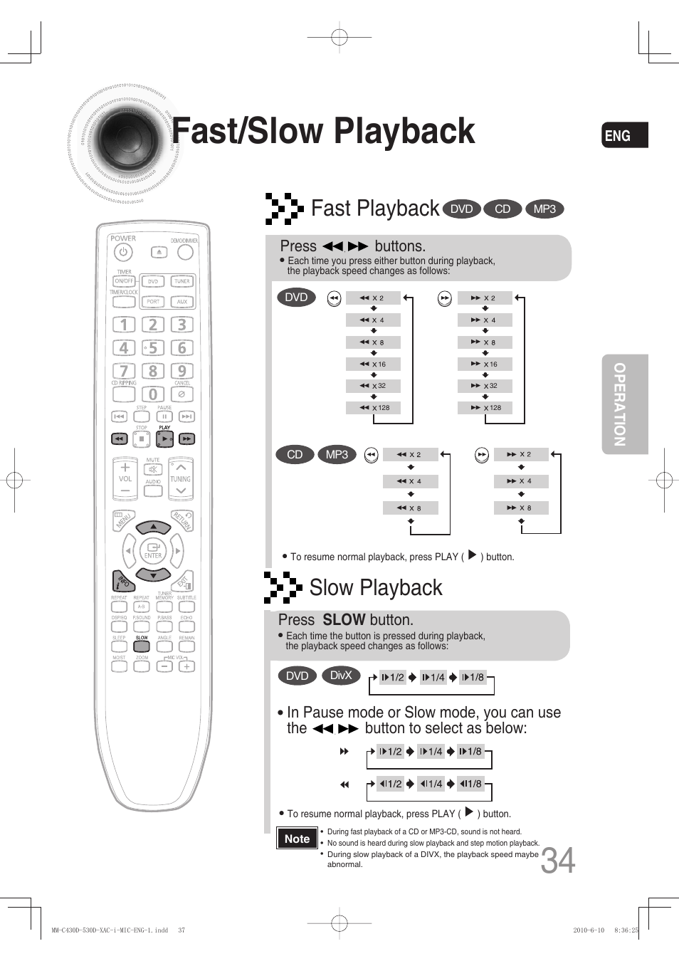 Fast/slow playback, Fast playback, Slow playback | Press buttons, Press slow button | Samsung MM-C430D User Manual | Page 36 / 68