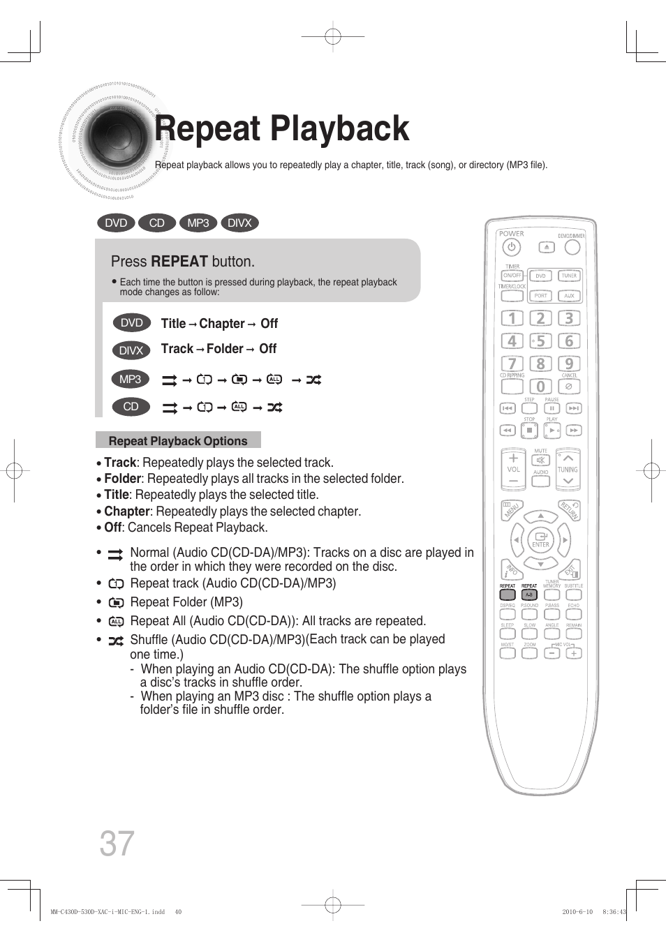 Repeat playback, 37 repeat playback, Press repeat button | Samsung MM-C430D User Manual | Page 39 / 68