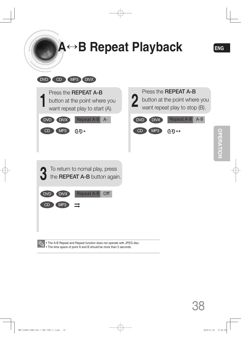 Ab repeat playback, A b repeat playback | Samsung MM-C430D User Manual | Page 40 / 68