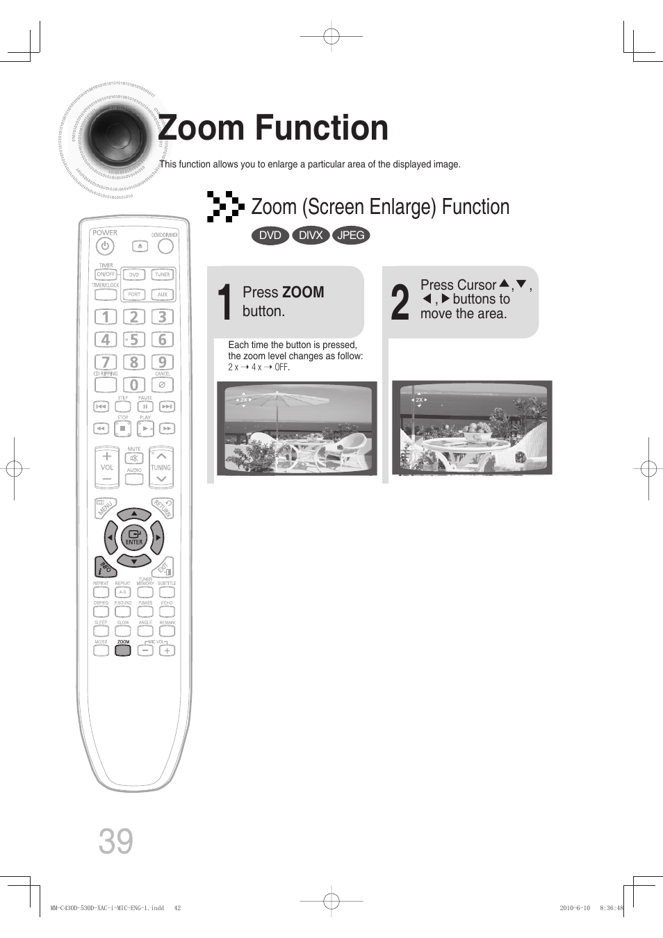 Zoom function, 39 zoom function, Zoom (screen enlarge) function | Samsung MM-C430D User Manual | Page 41 / 68