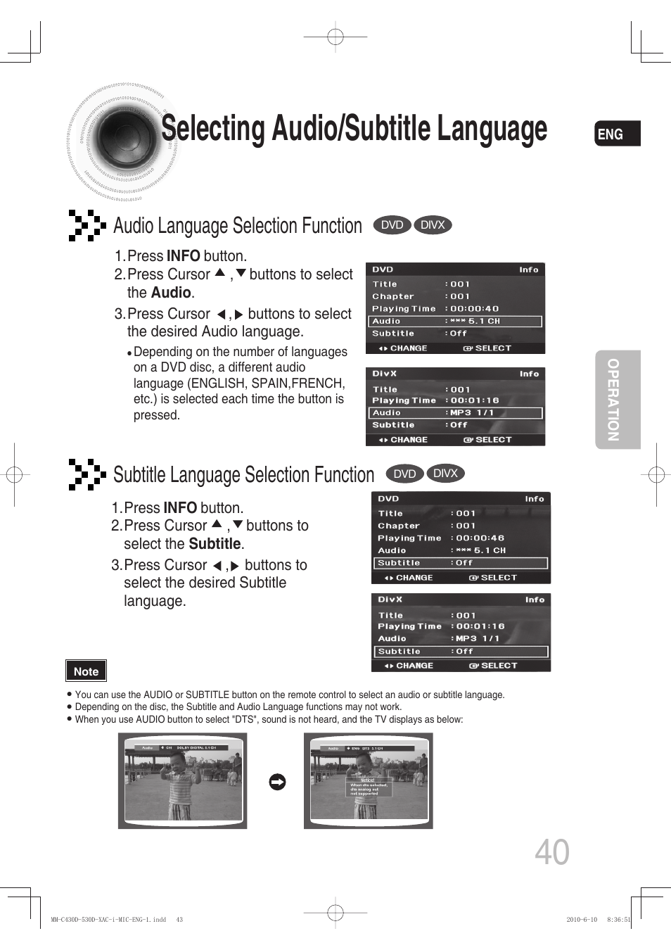 Selecting audio/subtitle language, Audio language selection function, Subtitle language selection function | Samsung MM-C430D User Manual | Page 42 / 68