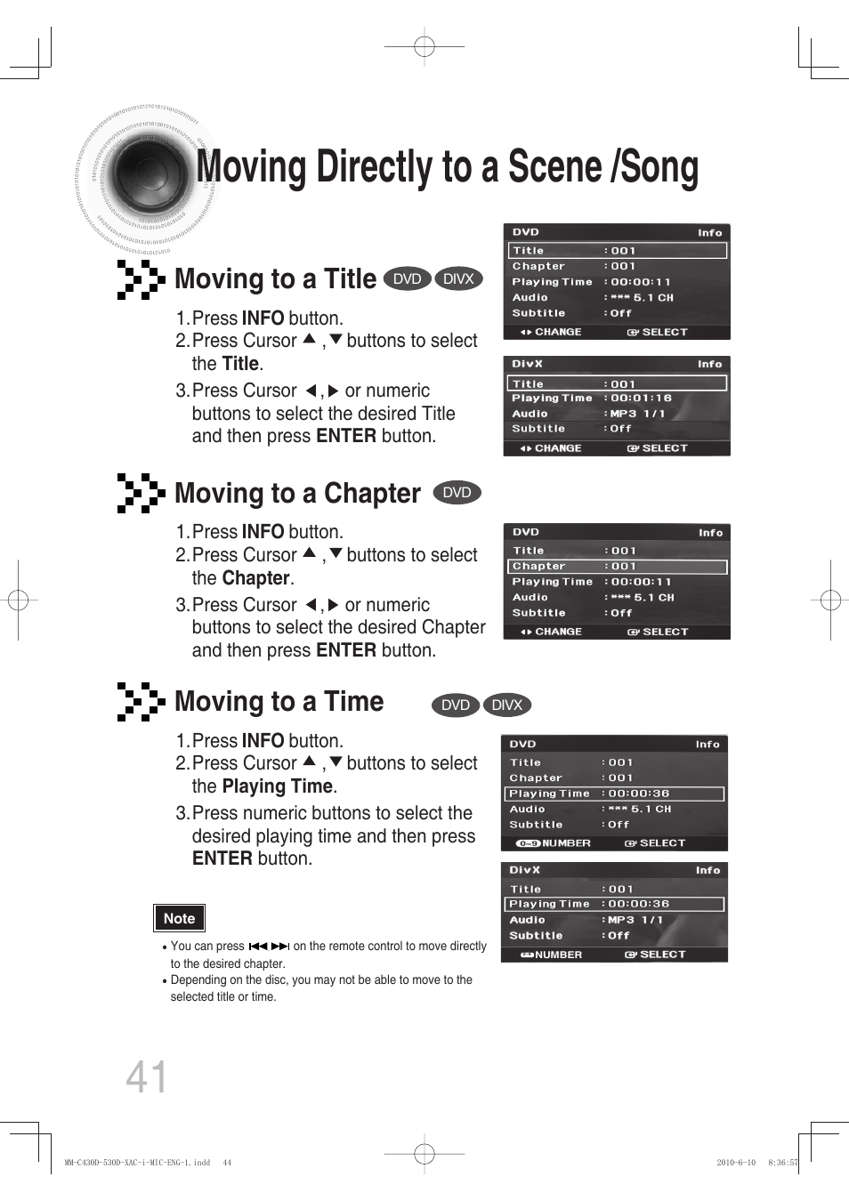 Moving directly to a scene /song, 41 moving directly to a scene /song | Samsung MM-C430D User Manual | Page 43 / 68