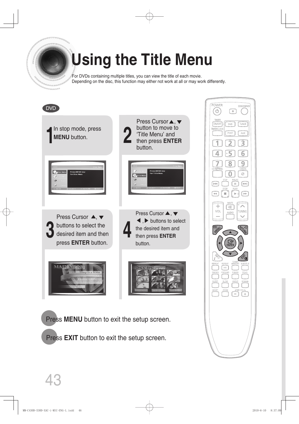 Using the title menu | Samsung MM-C430D User Manual | Page 45 / 68