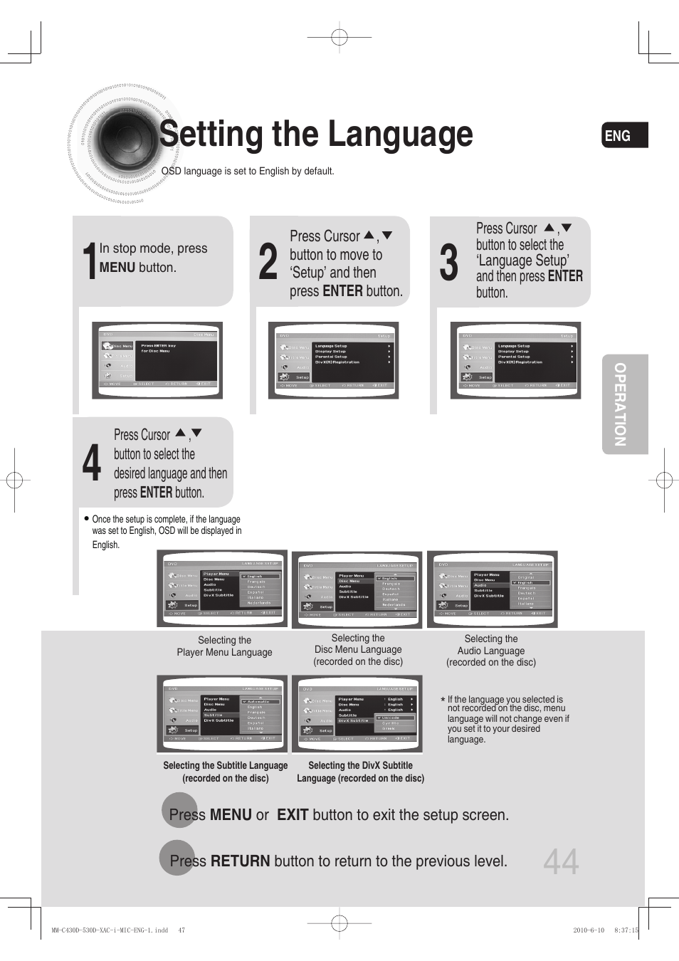 Setting the language | Samsung MM-C430D User Manual | Page 46 / 68