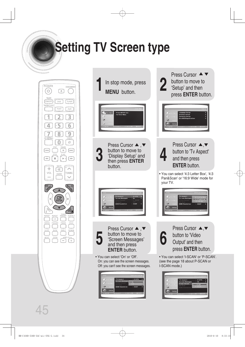 Setup, Setting tv screen type, 45 setting tv screen type | Samsung MM-C430D User Manual | Page 47 / 68