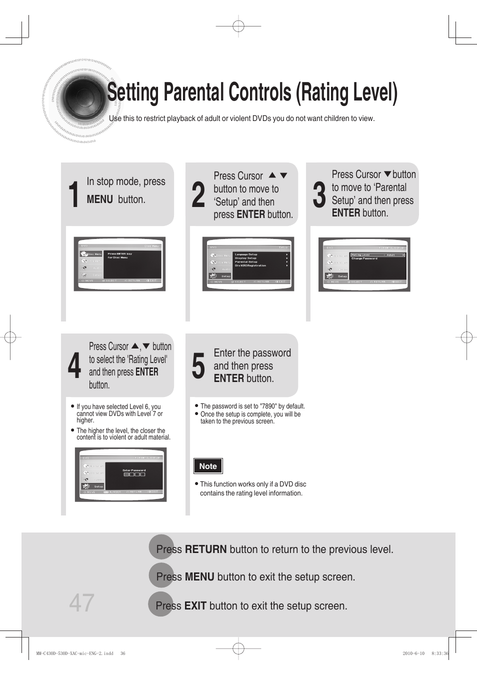 Setting parental controls (rating level), 47 setting parental controls (rating level) | Samsung MM-C430D User Manual | Page 49 / 68