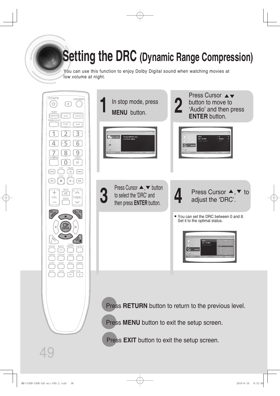 Setting the drc (dynamic range compression), 49 setting the drc, Dynamic range compression) | Samsung MM-C430D User Manual | Page 51 / 68