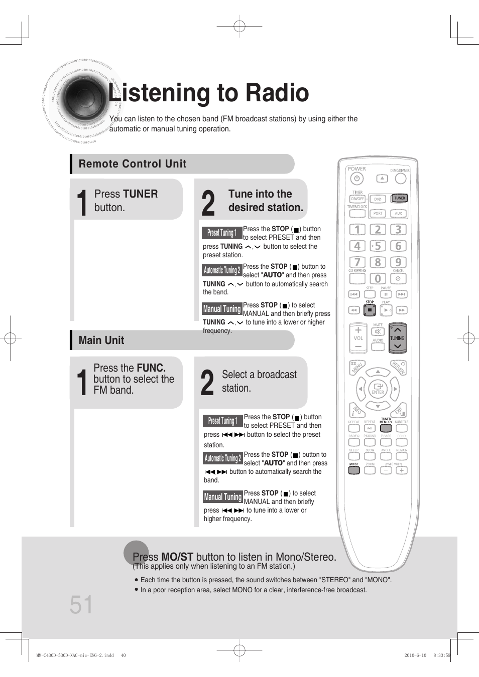 Radio operation, Listening to radio, 51 listening to radio | Samsung MM-C430D User Manual | Page 53 / 68