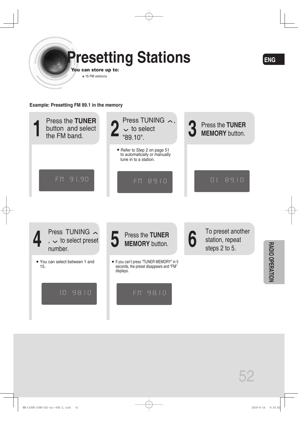 Presetting stations, 52 presetting stations | Samsung MM-C430D User Manual | Page 54 / 68