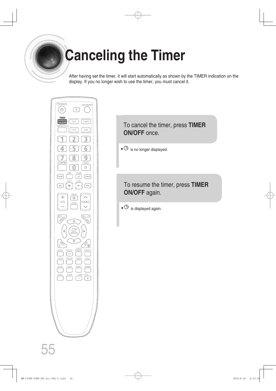 Canceling the timer | Samsung MM-C430D User Manual | Page 57 / 68