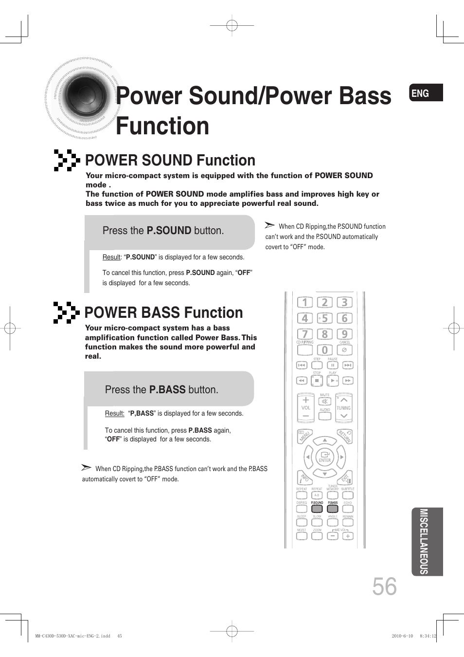 Power sound/power bassfunction, Power sound/power bass function, Power sound function | Power bass function | Samsung MM-C430D User Manual | Page 58 / 68