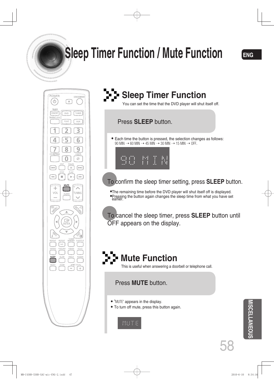 Sleep timer function / mute function, Sleep timer function, Mute function | Samsung MM-C430D User Manual | Page 60 / 68