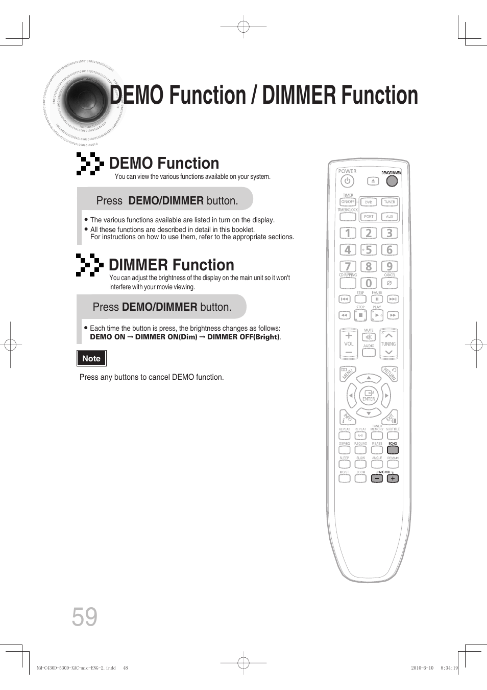 Demo function / dimmer function, Demo function, Dimmer function | Samsung MM-C430D User Manual | Page 61 / 68