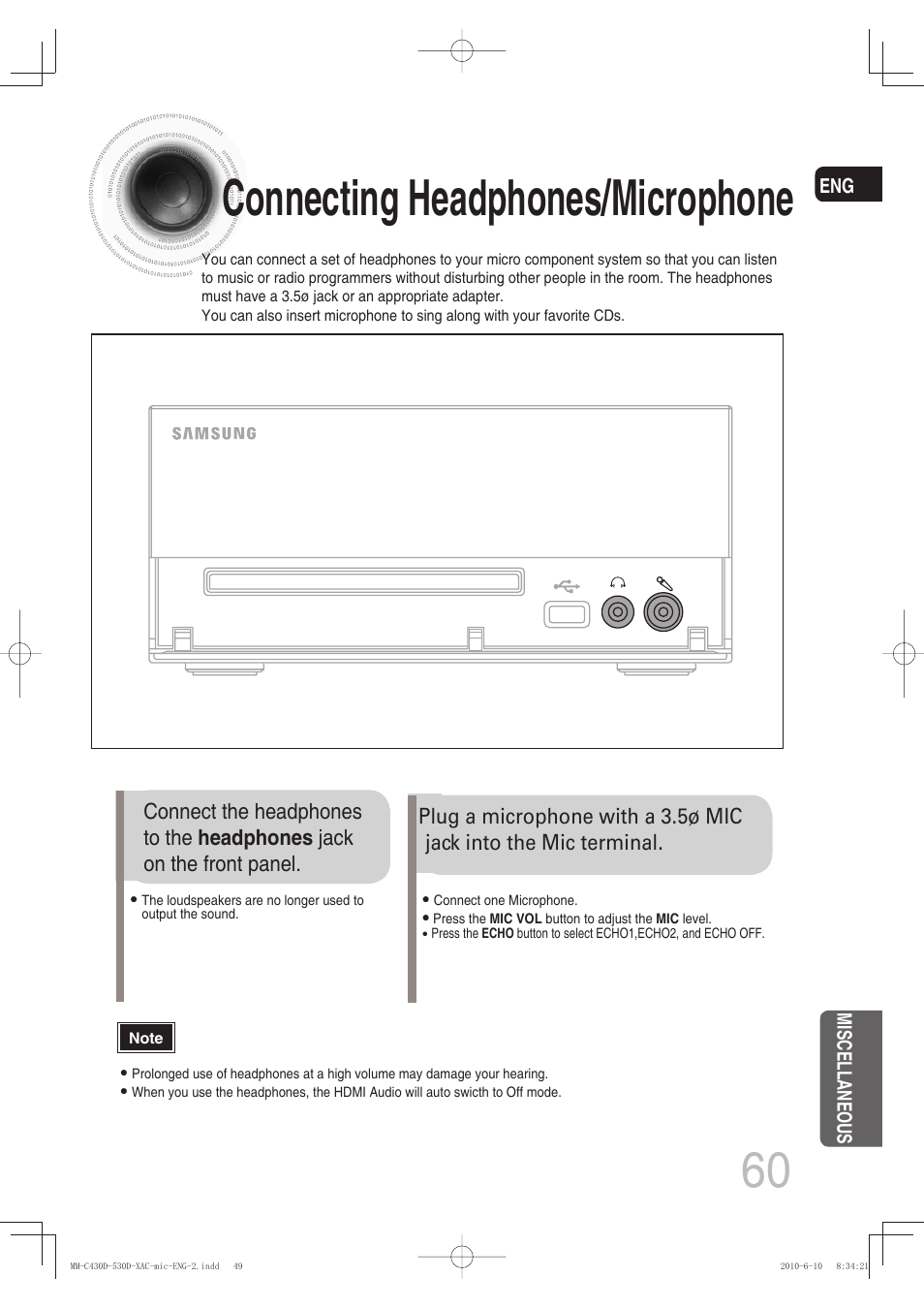 Connecting headphones/microphone | Samsung MM-C430D User Manual | Page 62 / 68