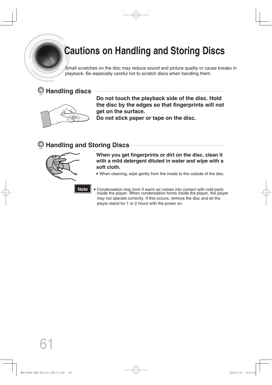 Cautions on handling and storing discs, Handling discs handling and storing discs | Samsung MM-C430D User Manual | Page 63 / 68