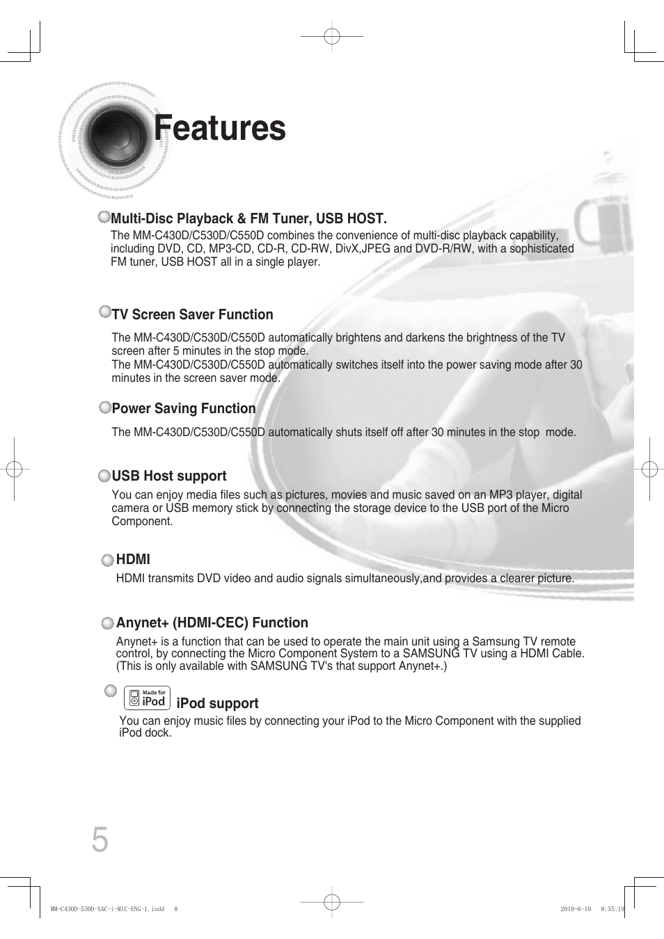 Features, Features 5 | Samsung MM-C430D User Manual | Page 7 / 68