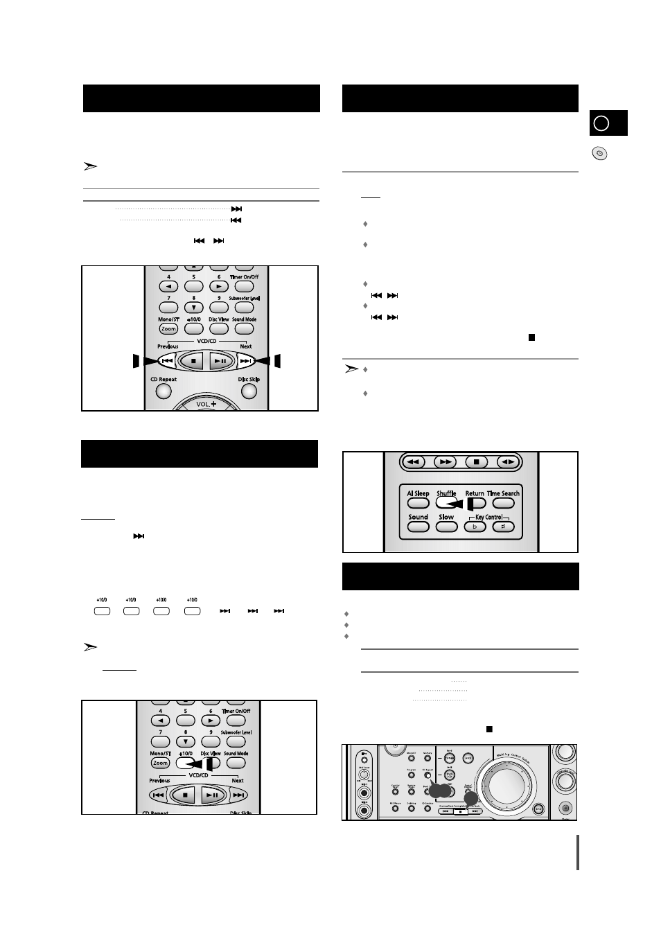 Searching for a specific music passage on a cd, Function to skip through 10 tracks at a time, Shuffle play function | Repeating one or all tracks on the compact discs, Shuffle play function 1 2 3 | Samsung AH68-01236A User Manual | Page 13 / 28