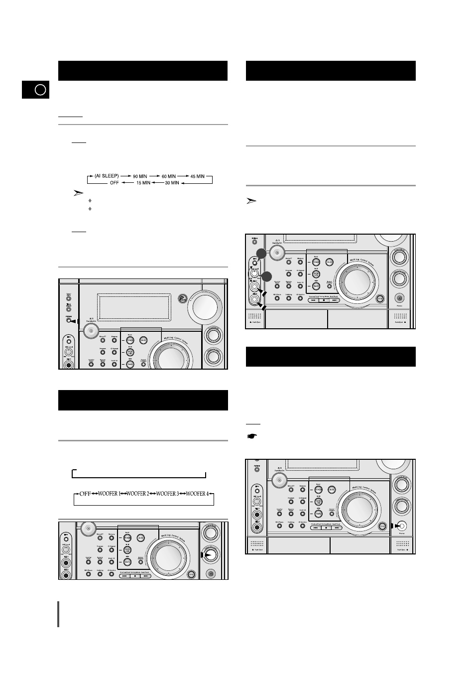 Setting the system to switch off automatically, Subwoofer level function, Microphone function | Connecting headphones, 12 subwoofer level function, Microphone function 1 2 | Samsung AH68-01236A User Manual | Page 24 / 28