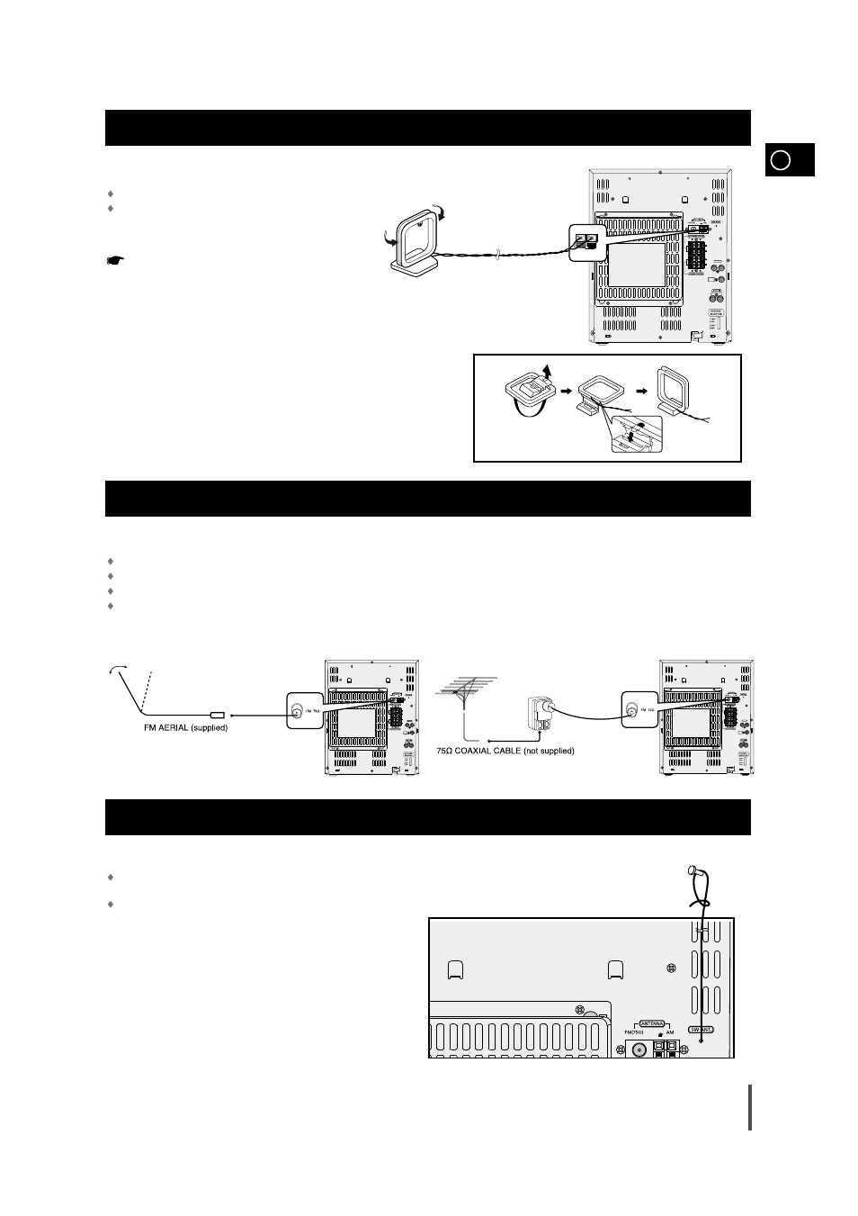 Connecting the am (mw/lw) aerial, Connecting the fm aerial, Connecting the sw aerial (option) | Samsung AH68-01236A User Manual | Page 9 / 28