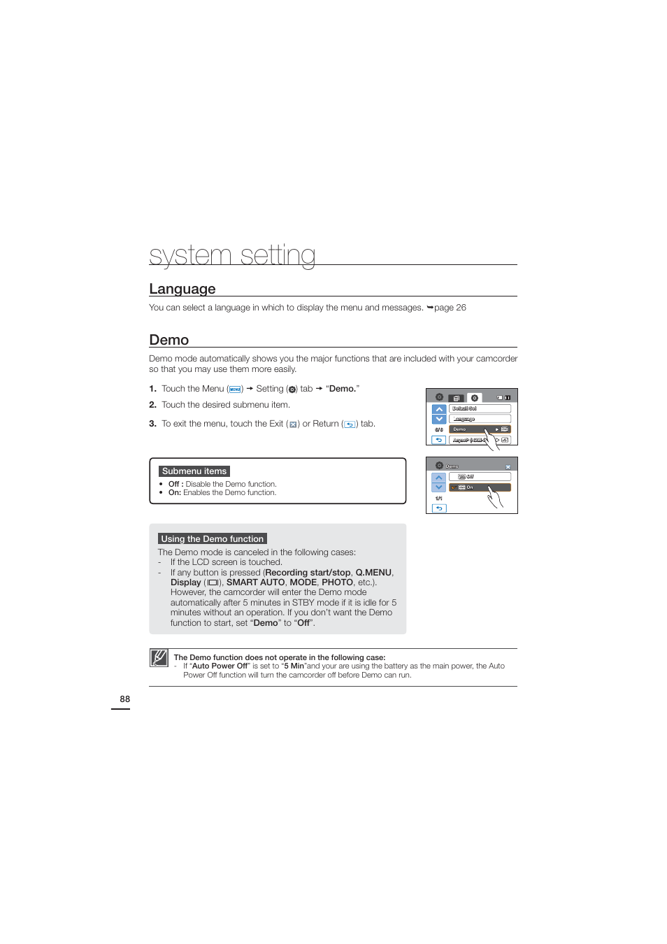 Language, Demo, System setting | Samsung HMX-H204BN User Manual | Page 100 / 145