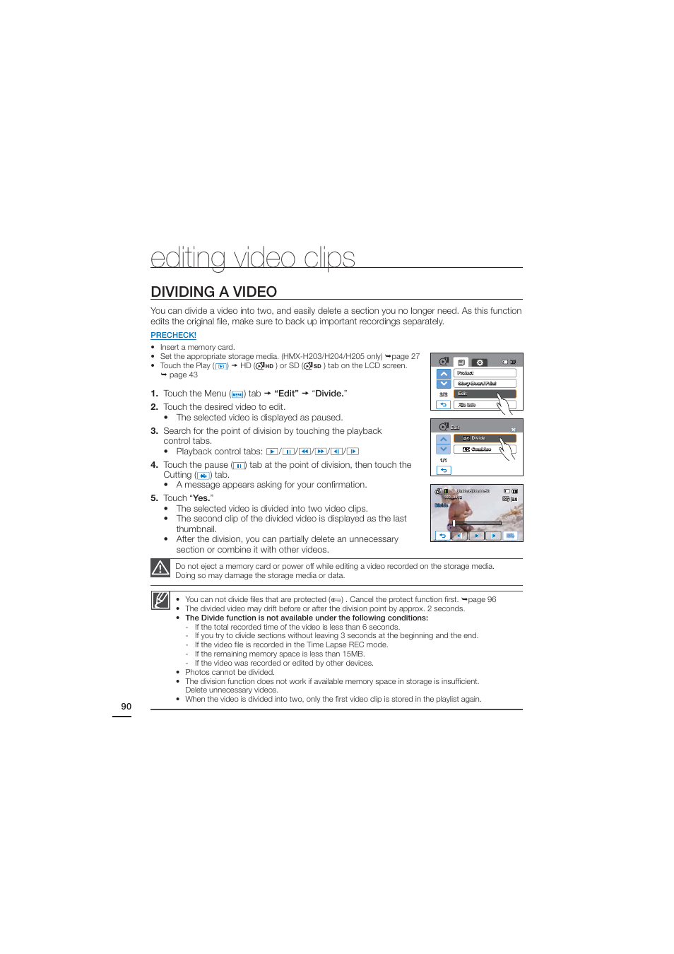 Editing video clips, Dividing a video | Samsung HMX-H204BN User Manual | Page 102 / 145