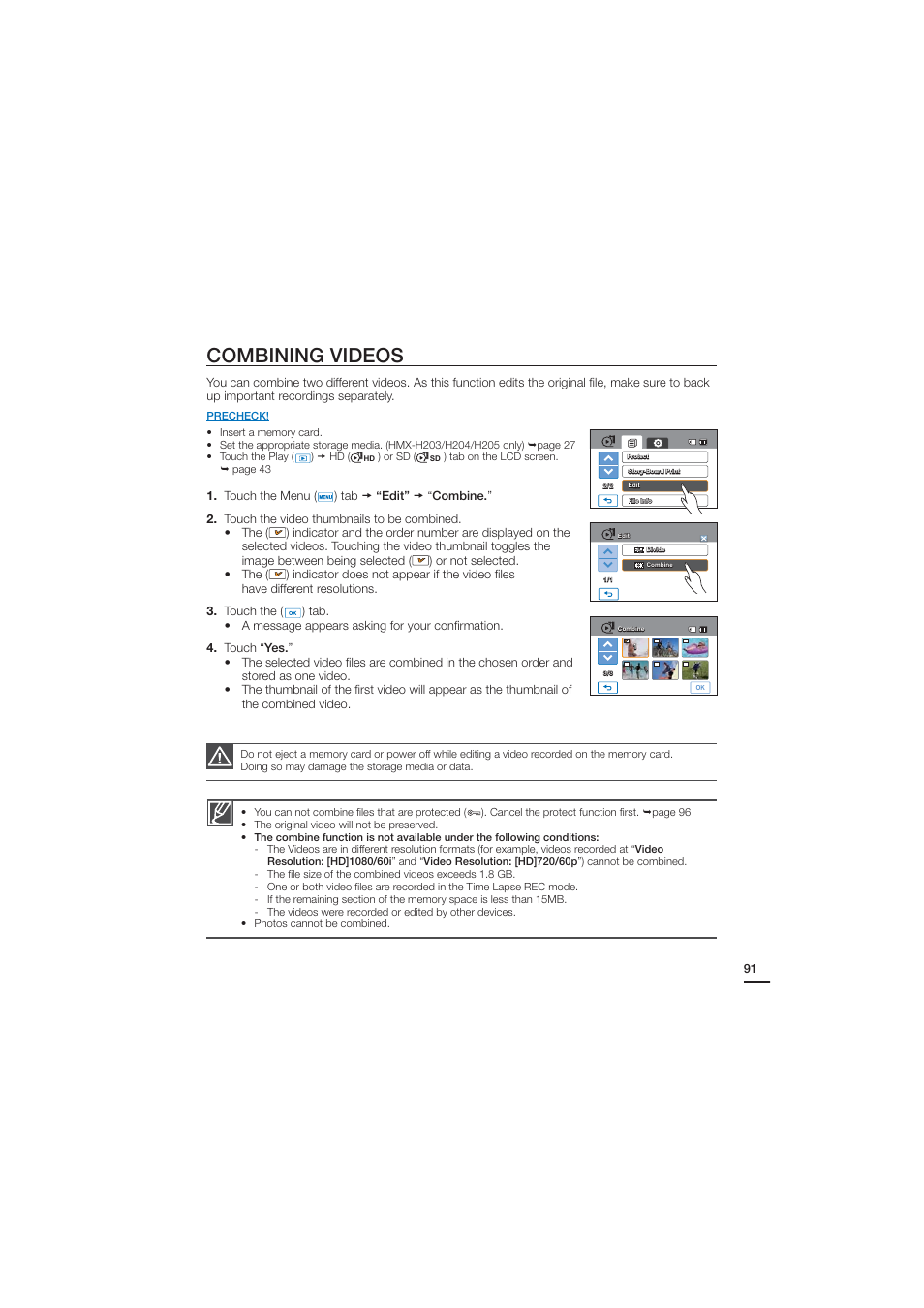 Combining videos | Samsung HMX-H204BN User Manual | Page 103 / 145