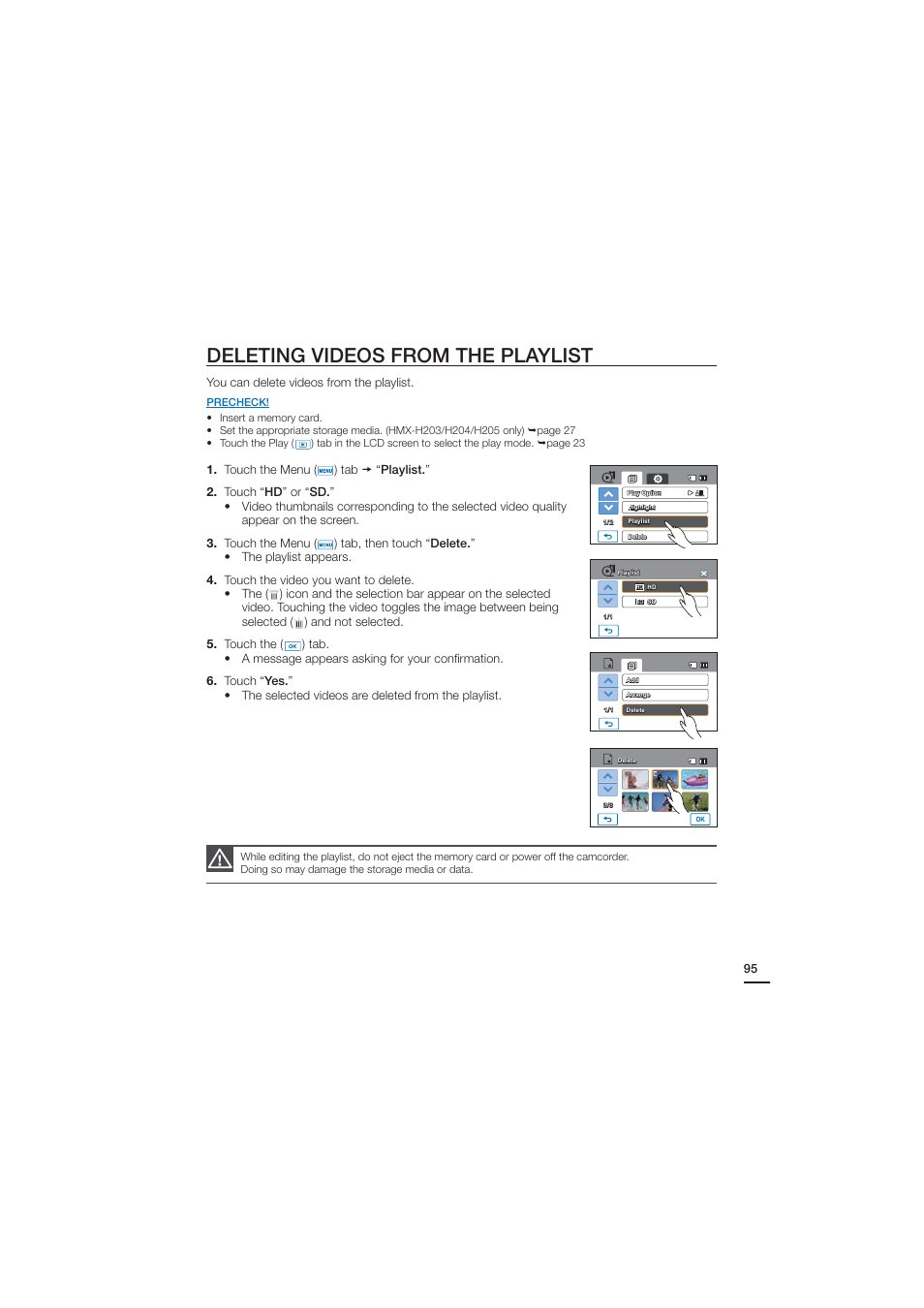 Deleting videos from the playlist | Samsung HMX-H204BN User Manual | Page 107 / 145