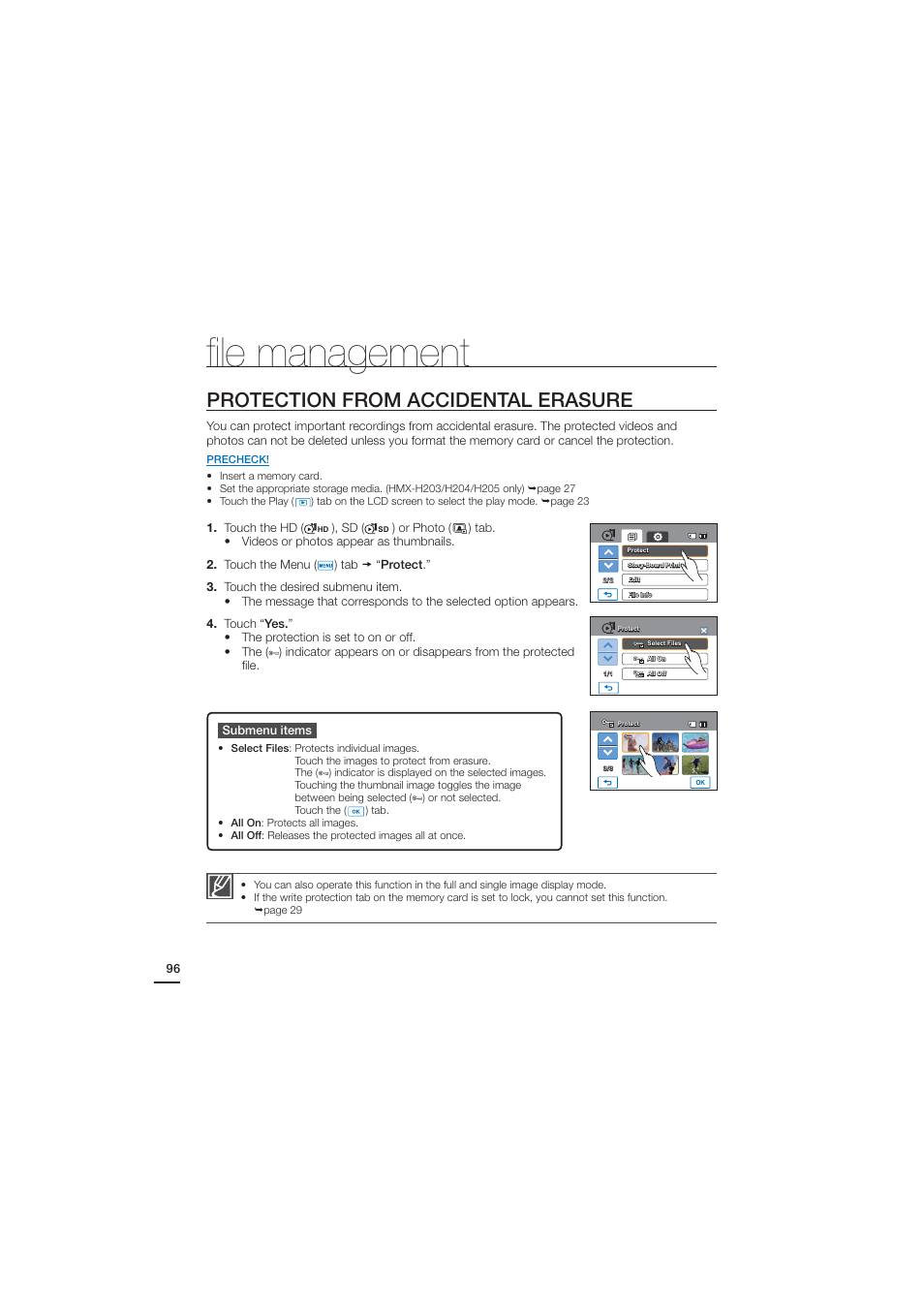 File management, Protection from accidental erasure, FI le management | Samsung HMX-H204BN User Manual | Page 108 / 145