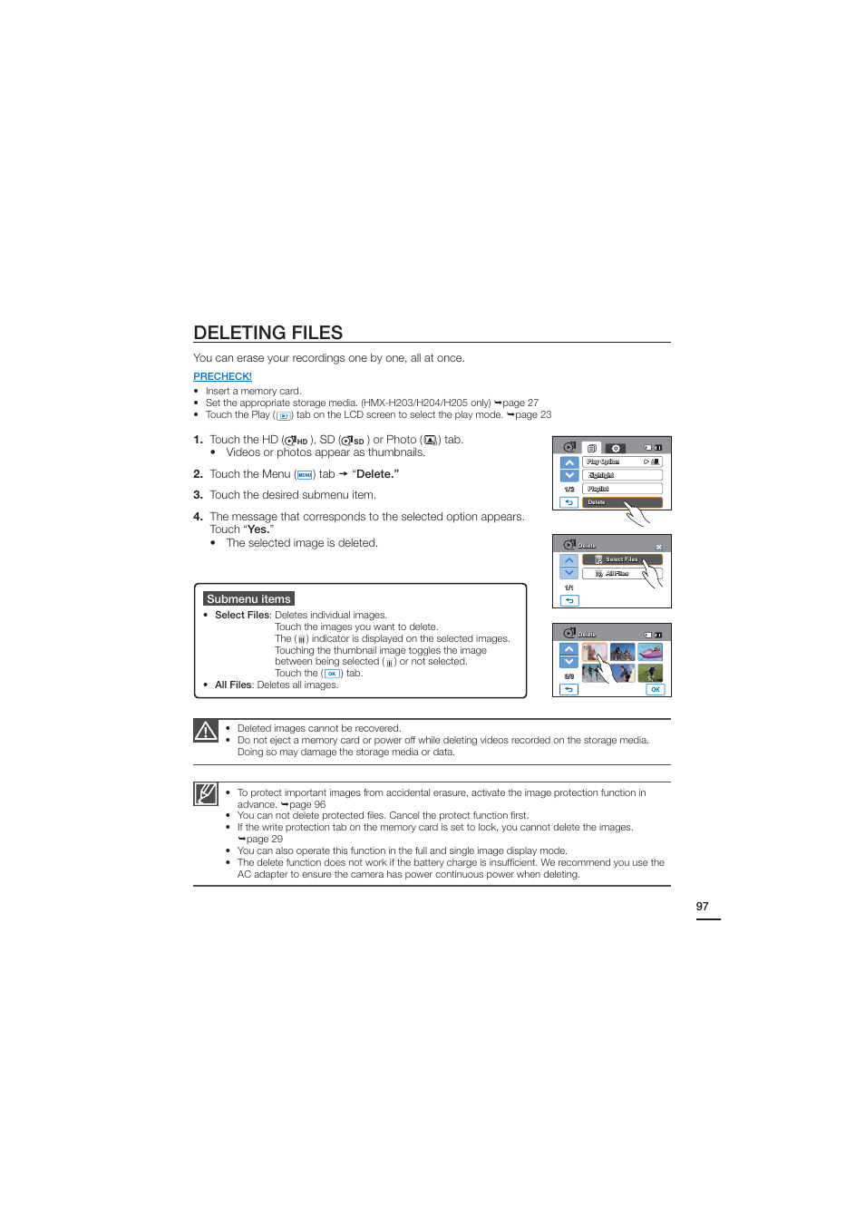 Deleting files | Samsung HMX-H204BN User Manual | Page 109 / 145