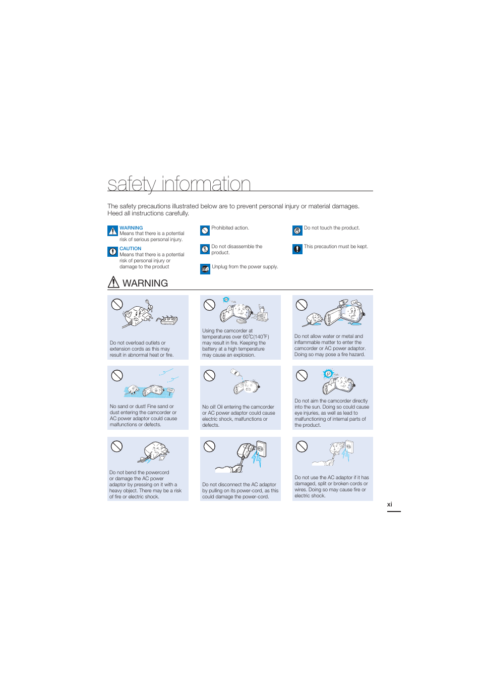 Safety information, Warning | Samsung HMX-H204BN User Manual | Page 11 / 145