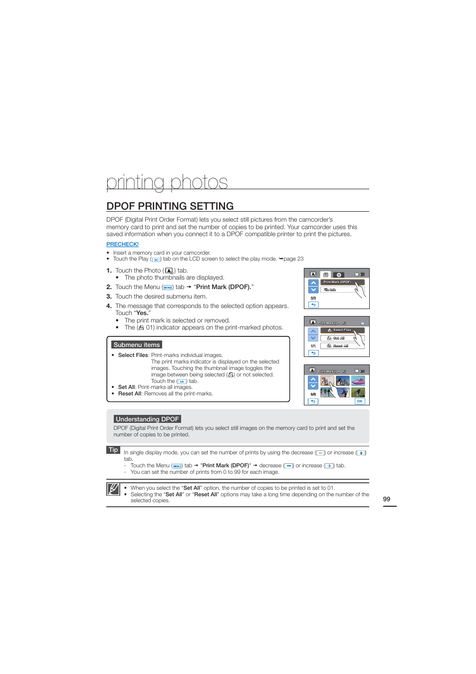 Printing photos, Dpof printing setting | Samsung HMX-H204BN User Manual | Page 111 / 145