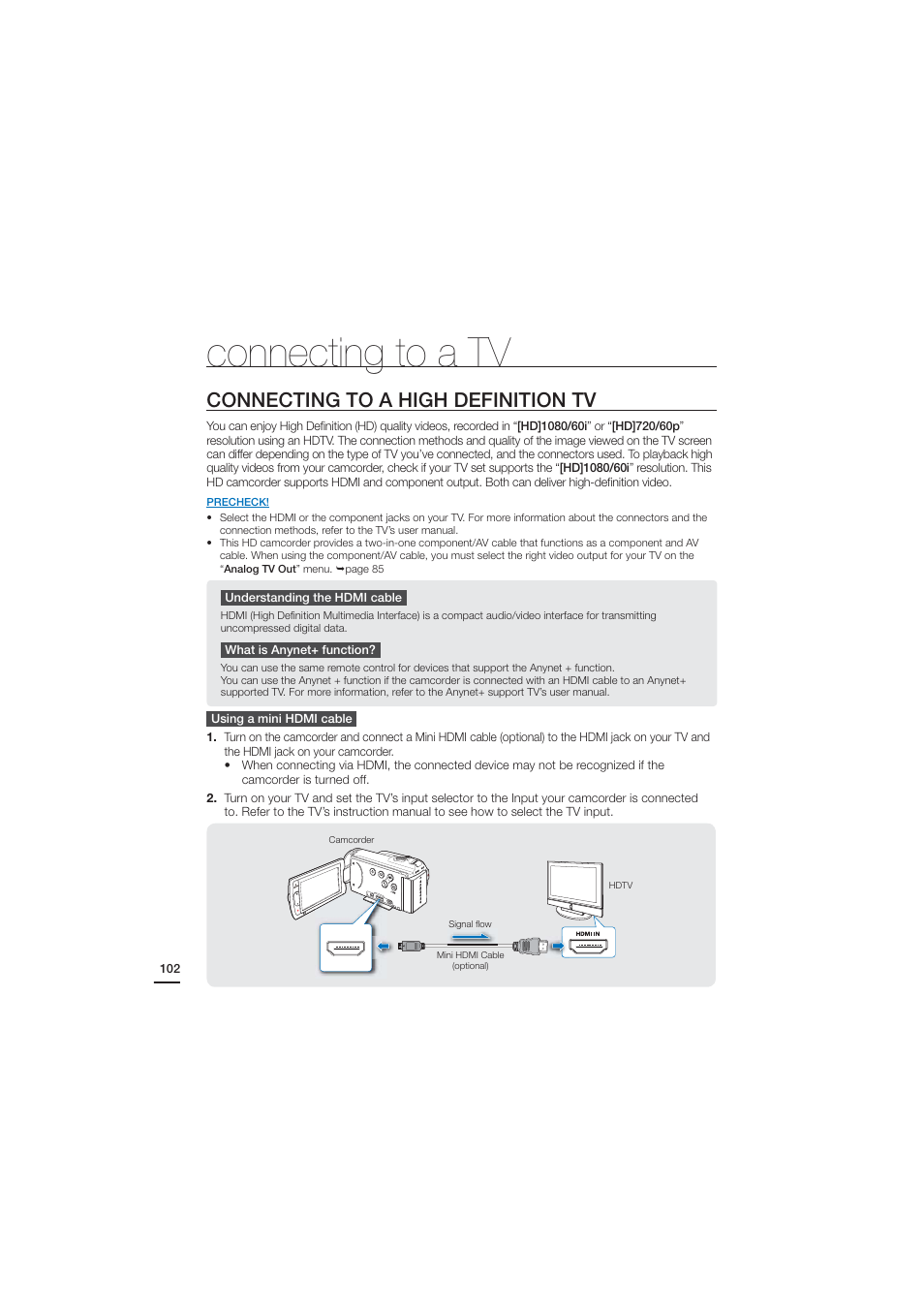 Connecting to a tv, Connecting to a high definition tv | Samsung HMX-H204BN User Manual | Page 114 / 145