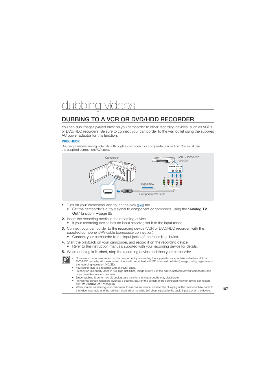 Dubbing videos, Dubbing to a vcr or dvd/hdd recorder | Samsung HMX-H204BN User Manual | Page 119 / 145