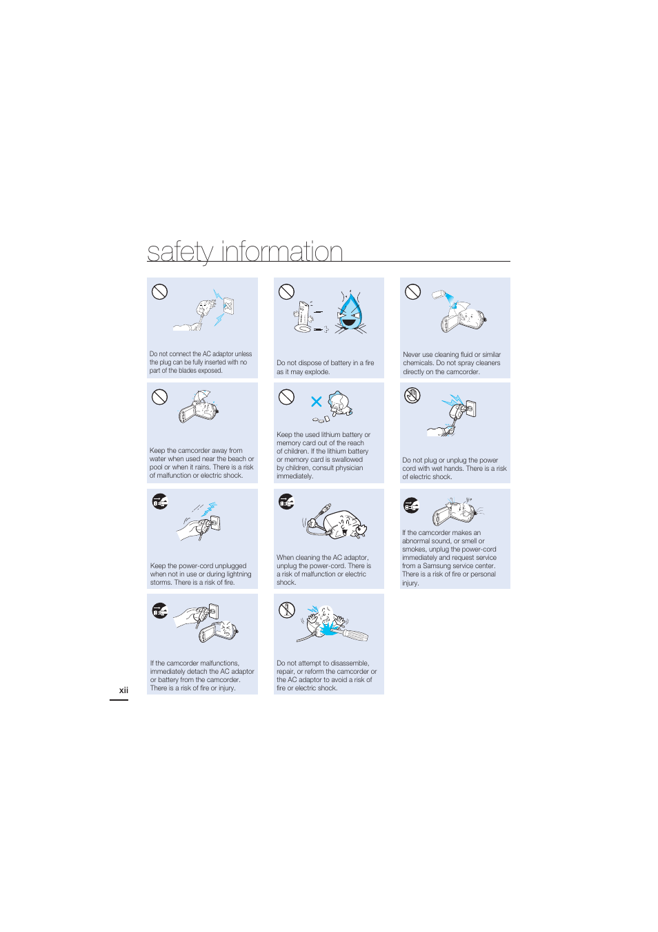 Safety information | Samsung HMX-H204BN User Manual | Page 12 / 145